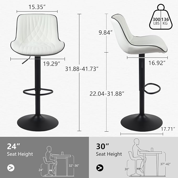 YOUTASTE Bar Stools Set of 2, Adjustable Swivel Counter Height Barstools with Back, White Faux Leather Upholstered Bar Chairs with Black Metal Base, Stools for Kitchen Island or Home Bar