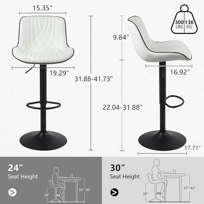 YOUTASTE Bar Stools Set of 2, Adjustable Swivel Counter Height Barstools with Back, White Faux Leather Upholstered Bar Chairs with Black Metal Base, Stools for Kitchen Island or Home Bar