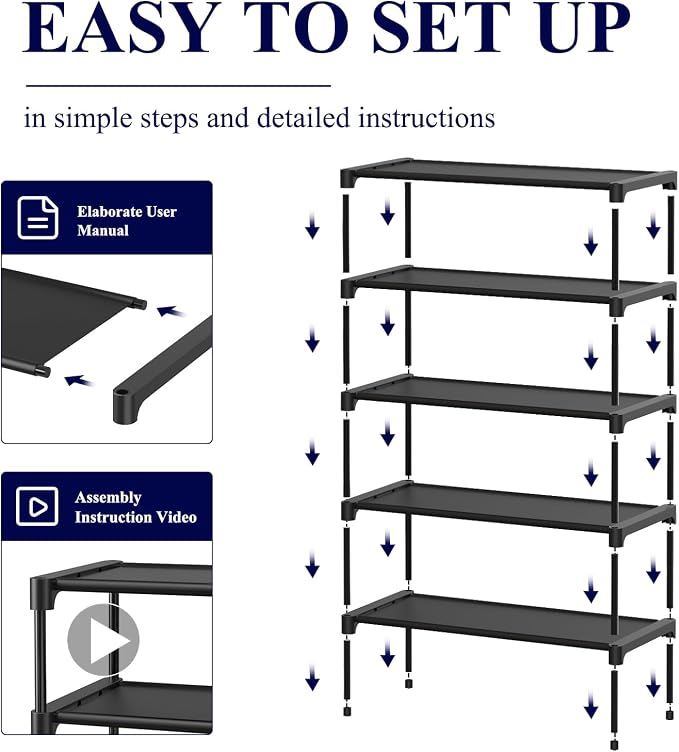 Kitsure Shoe Rack - Non-Woven Shoe Rack Shelf, Shoe Organizer for Closet, Entryway, Garage & Corridor, Stackable Shoe Shelves, 27.5" Wide - 5 Tier, Black