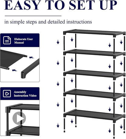 Kitsure Shoe Rack - Non-Woven Shoe Rack Shelf, Shoe Organizer for Closet, Entryway, Garage & Corridor, Stackable Shoe Shelves, 27.5" Wide - 5 Tier, Black