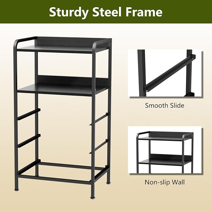 Night Stand Set 2, Nightstand with 3 Fabric Drawers and 2-Tier Shelf, Small Dresser Organizer, Bedside Table with Storage, End Table for Bedroom, Steel Frame, Wood Top, Black