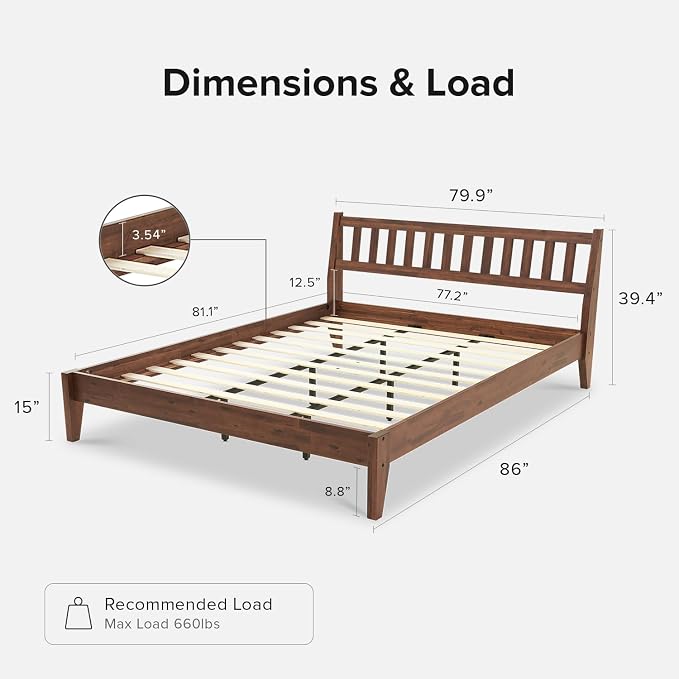mopio Ted Bed Frame with Headboard, Mid Century Modern Acacia Solid Wood Platform Bed Frame, Wooden Slats, No Box Spring, Double Metal Bar Support (Solid Wood, King (U.S. Standard))