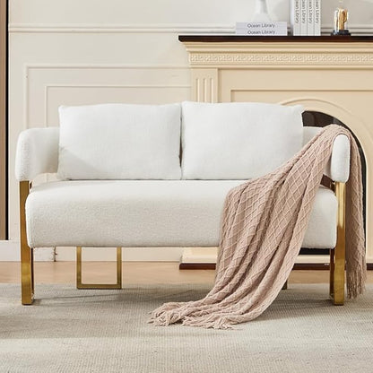 YISHENG Loveseat Sofa Modern Accent Chairs for Living Room with Golden Metal Legs Soft Teddy Upholstered Reading Armchairs no Wheels for Reception Room//Bedroom/Lounge/Office, White