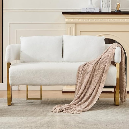 YISHENG Loveseat Sofa Modern Accent Chairs for Living Room with Golden Metal Legs Soft Teddy Upholstered Reading Armchairs no Wheels for Reception Room//Bedroom/Lounge/Office, White