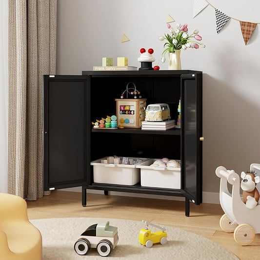 Metal Accent Storage Cabinet for Home, LivingRoom, Office,Kitchen- Metal Locker Cabinet with 1 Adjustable Shelves-Bathroom Floor Storage Cabinet Freestanding Organizer(Square Door, Black)