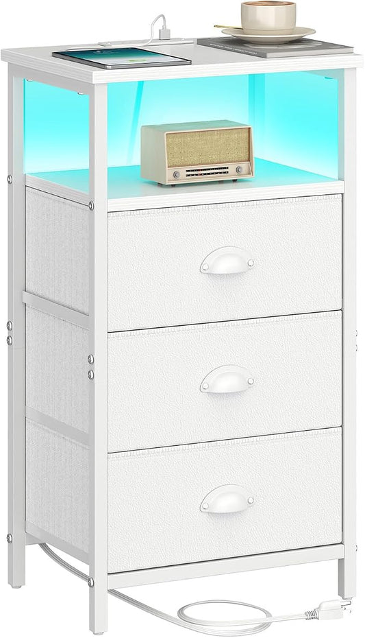 sthmec Nightstand with Charging Station,LED White Nightstand with 3 Fabric Drawers PU Finish, Bedside End Tables, 2-Tier Open Storage Shelf Side Table Nightstand with Drawers for Bedroom,White