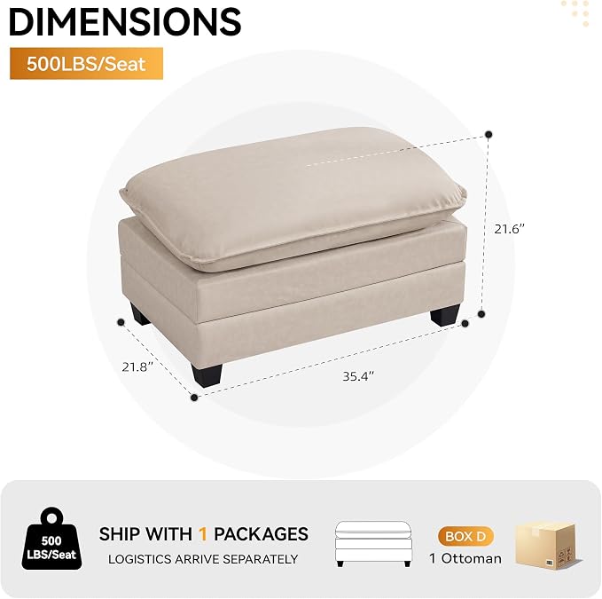 WUTUTUEE 35'' Modern Leather Cloud Sofa Ottoman,Rectangle Ottoman for Modular Sectional Sofa, Leather Beige