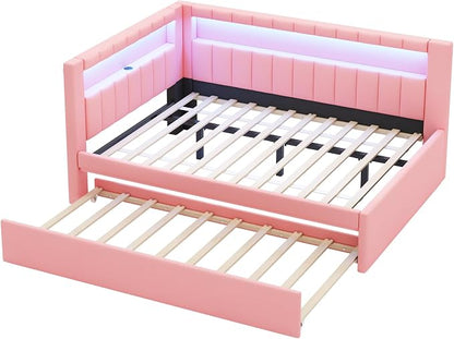 Merax Full Size Modern Upholstered Platform Bed with USB Ports & Trundle Bed, Floor Daybed with Wood Slat Support, Storage Bed Frame with Headboard/Full, Pink