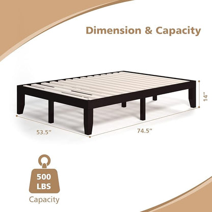 COSTWAY Full Size Wood Platform Bed Frame, 14 Inches Solid Rubber Wood Bed Mattress Foundation with Sturdy Slats Support, Easy Assembly Bed Frame for Home Hotel, No Box Spring Needed (Espresso, Full)