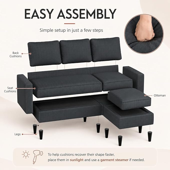 73.6" Convertible Sectional Sofa Couch with Reversible Ottoman, Modern 3-Seater L-Shaped Couch for Small Spaces, Compact Fabric Sofa for Apartment, Living Room & Office, Easy Assembly (Gray)