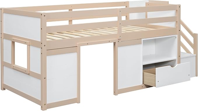 Bellemave Twin Size Low loft Bed for Kids,Wood Loft Beds,Modern Farmhouse Twin loft Bed,Loft Bed with Desk and Storage, No Box Spring Needed,for Kids, Cream White and Natural