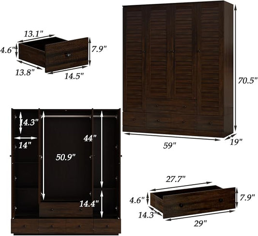 Wardrobe Armoire with 4 Louvered Doors, Wardrobe Closet for Bedroom with Hanging Rod & 5 Drawers, Bedroom Armoire Dresser Clothes Organizer, Dark Walnut (59.1" W x 19.1" D x 70.5" H)