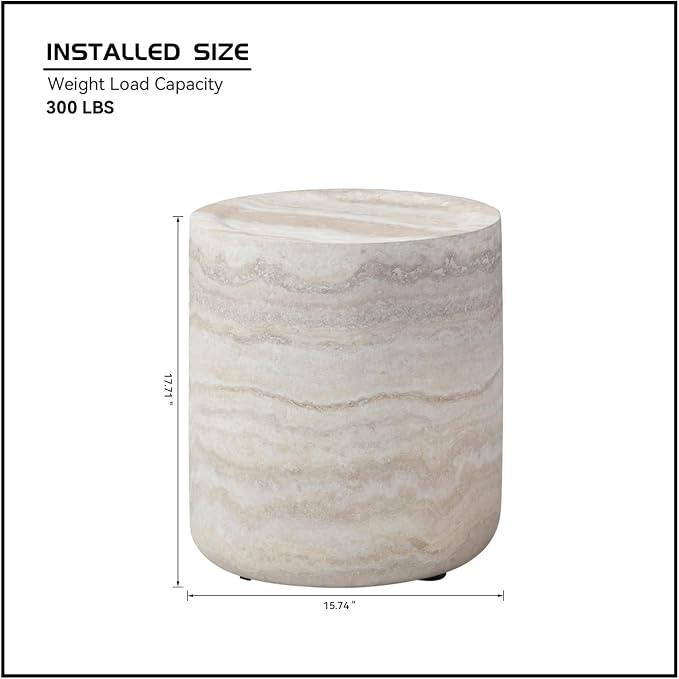 15.74" Small Round Side Table, Faux Marble Stone Coffee Table, French Country Rustic Circle End Table, Modern Minimalist Fiberglass Tea Table for Living Room Apartment Office, No Assembly