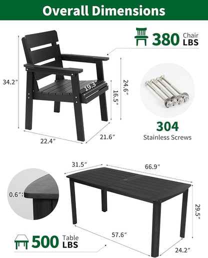 7-Piece Outdoor Dining Set, All-Weather HIPS Patio Table & Chairs for 6, Outdoor Furniture with Umbrella Hole, Ideal for Garden, Poolside, Backyard, Deck, Black