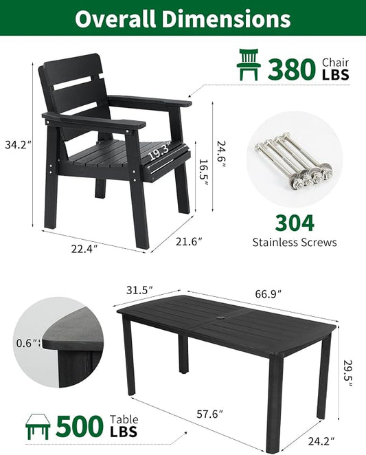 7-Piece Outdoor Dining Set, All-Weather HIPS Patio Table & Chairs for 6, Outdoor Furniture with Umbrella Hole, Ideal for Garden, Poolside, Backyard, Deck, Black