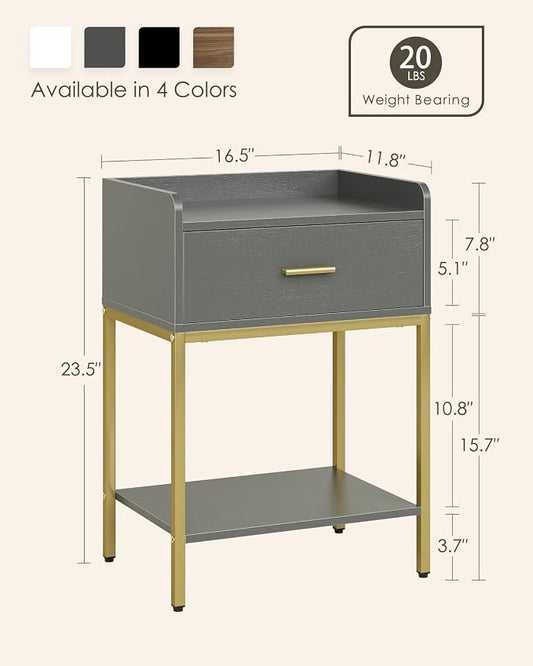 Masupu Gray Nightstand,3-Tier Modern Bedside Table Night Stand with Storage Drawer and Shelf,Small End Side Table for Bedroom,Living Room,(Without Outlet,)