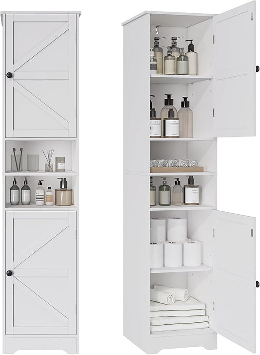 Viaozutis Tall Bathroom Storage Cabinet, Slim Freestanding Cabinet with Adjustable Shelves, Vertical Storage Organizer for Small Bathrooms, Toilet Paper & Daily Essentials Storage（White）