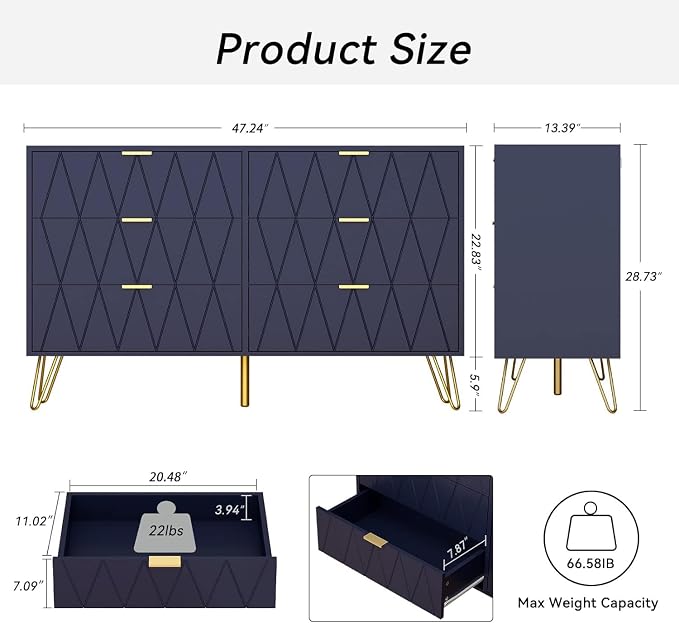 Anbuy Bedroom Sets Navy Blue Sets 3Pcs 6 Drawer Dresser and Night Stand Sets for Bedroom, Two Drawers Nightstand Set of 2 & 6 Drawer Dresser Combo 3 Pieces (Navy Blue)