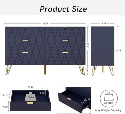 Anbuy Bedroom Sets Navy Blue Sets 3Pcs 6 Drawer Dresser and Night Stand Sets for Bedroom, Two Drawers Nightstand Set of 2 & 6 Drawer Dresser Combo 3 Pieces (Navy Blue)