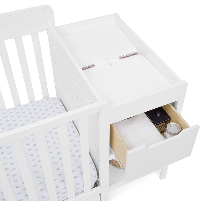 Delta Children Maya 5-in-1 Convertible Crib and Changer with Storage, Converts to Toddler Bed, Daybed, Sofa & Full Bed, Greenguard Gold Certified, 3 Mattress Heights for Baby, Bianca White