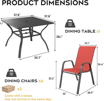 Outdoor Dining Set for 4,5pcs Patio Table and Chairs Set with Adjustable Umbrella Hole,37.8”x37.8” Square Metal Outdoor Table and Stackable Patio Chair for Yard, Garden, Porch