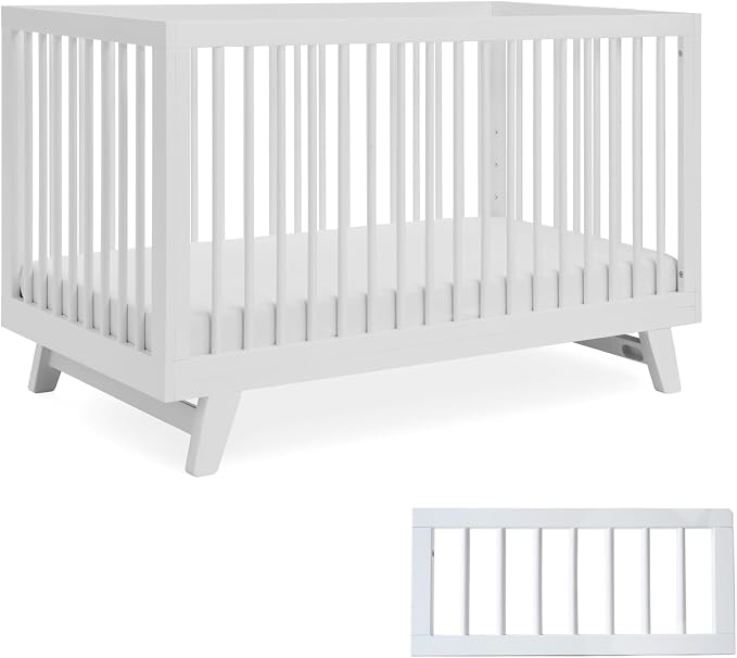 3-in-1 Astin Convertible Baby Crib - Including Toddler Guard Rail, Grows with Your Baby, Converts to Toddler Bed & Day Bed, 4 Adjustable Support Base Height | White with Guard Rail