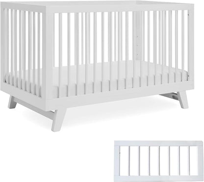 3-in-1 Astin Convertible Baby Crib - Including Toddler Guard Rail, Grows with Your Baby, Converts to Toddler Bed & Day Bed, 4 Adjustable Support Base Height | White with Guard Rail
