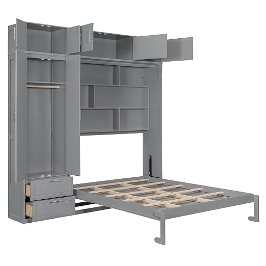 Murphy Bed Queen Size,Murphy Bed with Top Cabinet and Shelves,Space-Saving Multifunctional Hideaway Wall Foldable Bed w/Slat Support,Bedroom Folding Bedframe for Guest Room,Gray