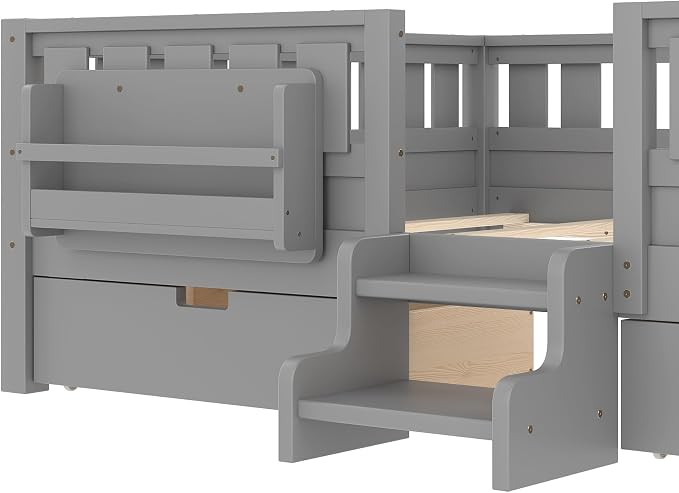 Bellemave Queen Size Kids Montessori Bed with Stairs and Bookshelf,Solid Wood Queen Size Kids Bed Frame with Drawers and Storage for Girls Boys,Low-Profile,Gray