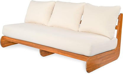 Merax Outdoor Acacia Wood Sofa with All-Weather Cushions, Patio Low 3-Seater Lounge Sofa for Porch, Lawn, Backyard, Balcony, Beige +Teak