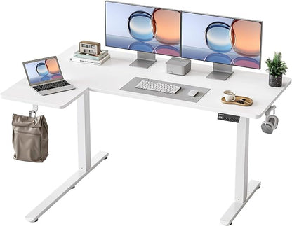 YIHAYO Reversiable L-Shaped Electric Standing Desk, 55 Inches Adjustable Height Corner Desk, Sit and Stand Up for Work Office Home, Computer Table with Splice Board, White