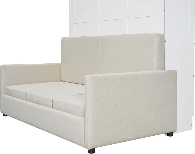 Ball & Cast Murphy Bed Full Size Wall Bed with Sofa,can be Folded,Multifunctional Wood Hideaway Cabinet Bed Frame,Slat Support,Save Space,for Apartment,Guest Room,White