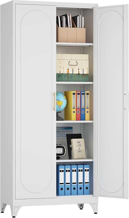75" Tall Metal Storage Cabinet with 2 Doors and 4 Adjustable Shelves, Heavy Duty Steel Pantry Cabinet for Home Office, Kitchen, Garage and Laundry Room, White