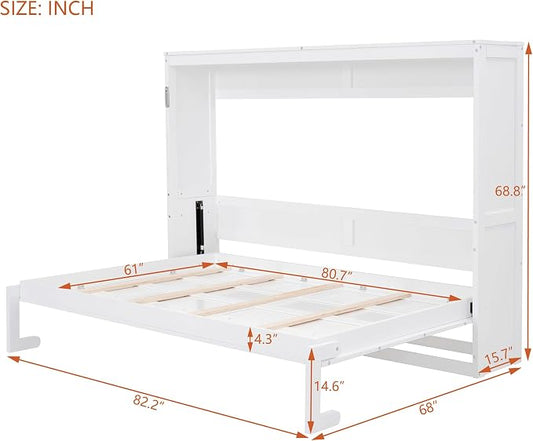 Ball & Cast Queen Size Murphy Bed,Hideaway Beds with Dual Piston Metal Folding Mechanism Designed,Wood Wall Cabinets Bedframe w/Slat Support and Storage Platform Top,Hardware Chain,for Apartment,White