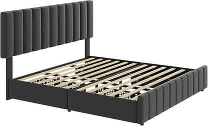 IDEALHOUSE Full Upholstered Bed Frame with 4 Storage Drawers, Adjustable Headboard and Wooden Slats Support, No Box Spring Needed, Black