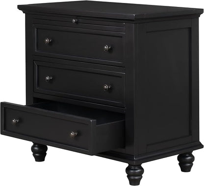 Merax Wood Nightstand with 3 Storage Drawers, Bedside End Table with Pull Out Tray, Black (No Guide Rails)