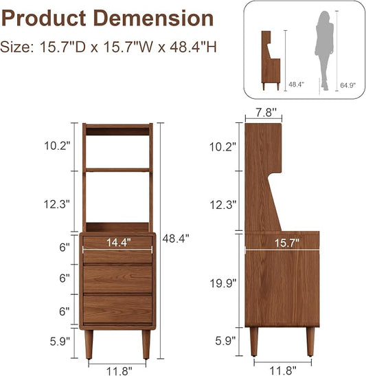 Solid Wood Bookshelf with Drawers,Narrow bookcase with Storage Shelves,Tall Nightstand with Drawers,Mid Century Modern Nightstand,Open Shelf Bookcase,Small Book Shelf for Bedroom,Living Room,Offices