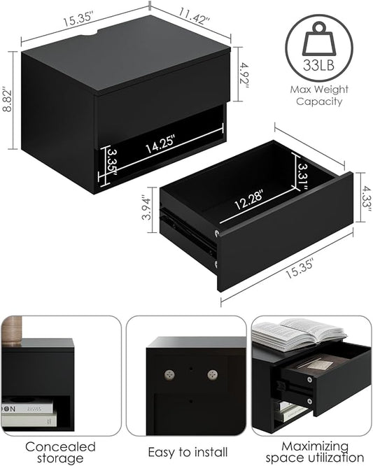 Floating Nightstand, Small Modern Floating Nightstand with Drawer, Floating Shelves for Bedroom, Bathroom (Black)
