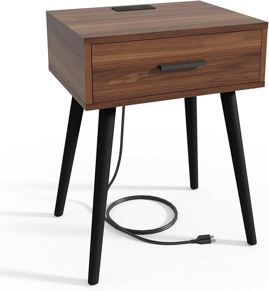 HAIOOU Mid Century End Table with Charging Station, Modern One Drawer Nightstand Side Table with Premium Matte Black Handle and Pine Wood Legs for Home Bedroom Living Room