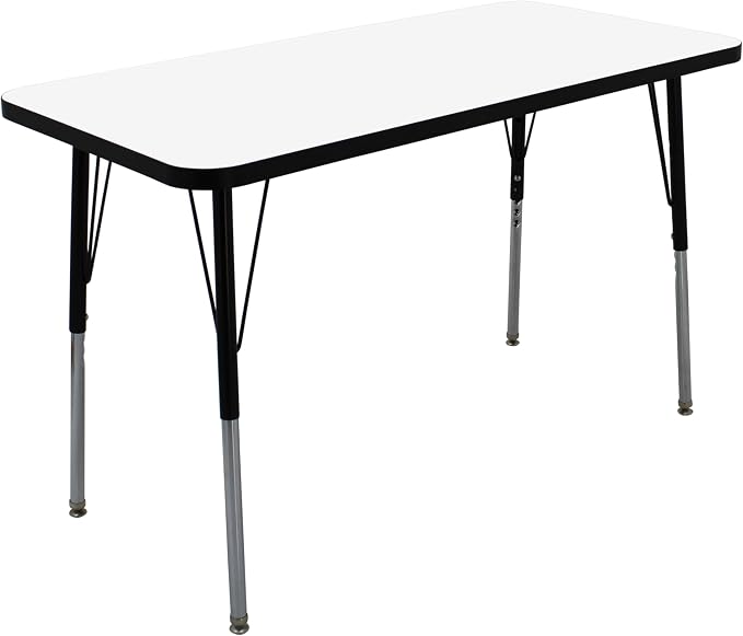 FDP Dry-Erase Rectangle Activity School and Office Table (24 x 48 inch), Standard Legs with Swivel Glides, Adjustable Height 19-30 inches; Quick Ship Single Box - Whiteboard Top and Black Edge
