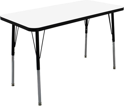 FDP Dry-Erase Rectangle Activity School and Office Table (24 x 48 inch), Standard Legs with Swivel Glides, Adjustable Height 19-30 inches; Quick Ship Single Box - Whiteboard Top and Black Edge