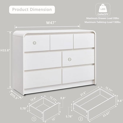 Aitjunz Modern 7 Drawers Dresser for Bedroom, 47" Wide Wood Dressers & Chests of Drawers w/Curved Profile Design, Mid Century Modern Dresser w/Natural Texture for Bedroom, Living Room,Antique White