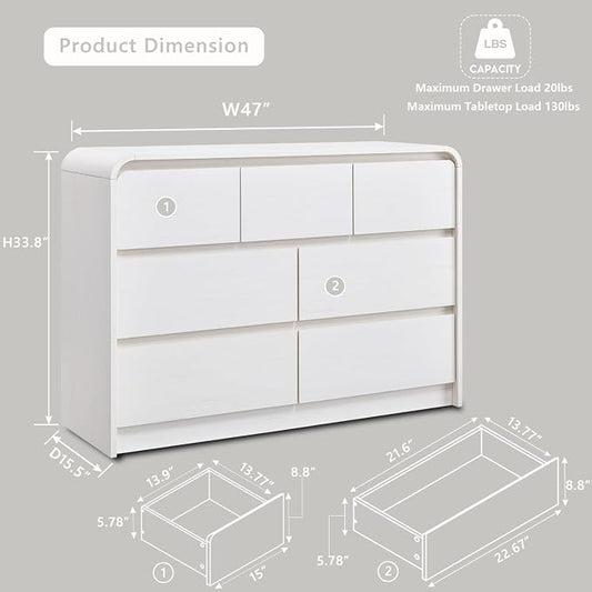 Aitjunz Modern 7 Drawers Dresser for Bedroom, 47" Wide Wood Dressers & Chests of Drawers w/Curved Profile Design, Mid Century Modern Dresser w/Natural Texture for Bedroom, Living Room,Antique White