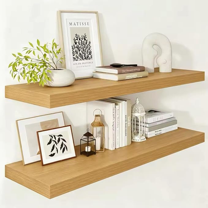 Vivelove 12 Inch Deep Floating Shelves 36 inch Long, 2 Inch Thick Wall Shelves with Invisible Brackets, Shelf for Bedroom Bathroom Living Room Kitchen Office Home Decor, Modern Shelf Set of 2, Oak