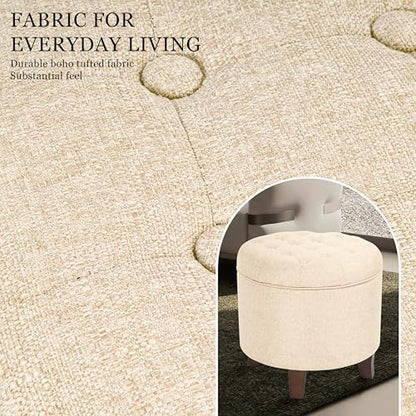 HomePop 19" Button Tufted Round Storage Ottoman - Tan Woven