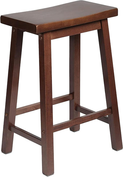 PJ Wood Classic Saddle-Seat 24'' Tall Kitchen Counter Stool for Homes, Dining Spaces, and Bars with Backless Seat, 4 Square Legs, Walnut (2 Pack)
