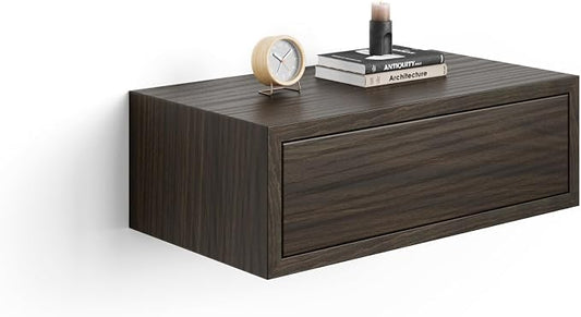 Mobili Fiver, Riccardo Wall Bedside Table, Dark Walnut, 17.7" x 9.8" x 6.1 ", Melamine-Finished, Modern Bedside Table, End Table, Italian Furniture