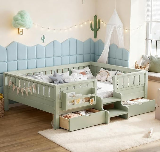 Bellemave Full Size Kids Bed with high Rails and with Built-in Bookshelf and Drawers for Kids, Girls, Boys, Wood Montessori Bed Without Door, Avocado Green