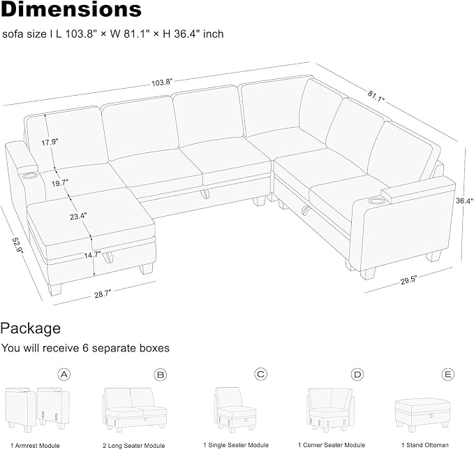 Belffin Chenille Modular Sectional Sofa Convertible L Shaped Corner Couches for Living Room with Storage Armrest with Cup Holder White Couch