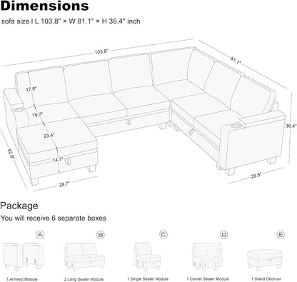 Belffin Chenille Modular Sectional Sofa Convertible L Shaped Corner Couches for Living Room with Storage Armrest with Cup Holder White Couch